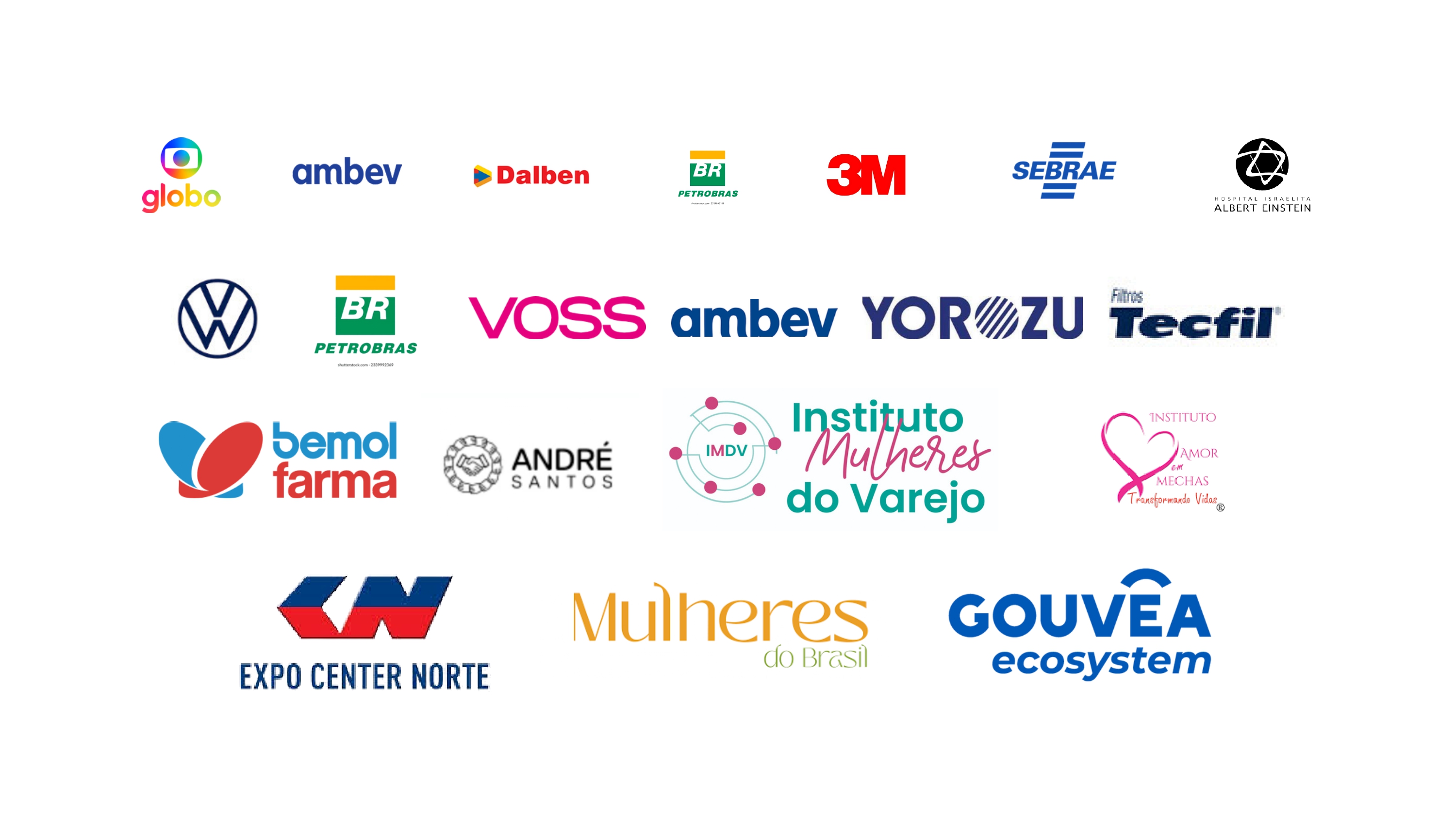 Logos dos clientes da Activa ID incluindo Globo, Ambev, Petrobras, 3M, SEBRAE, Volkswagen, VOSS, Instituto Albert Einstein e outros